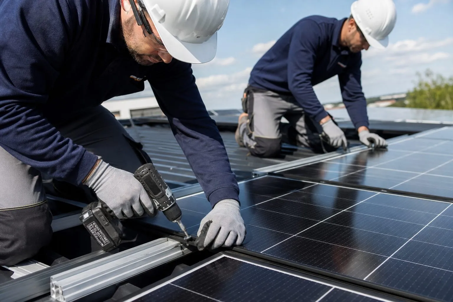 Techniciens installant des panneaux solaires